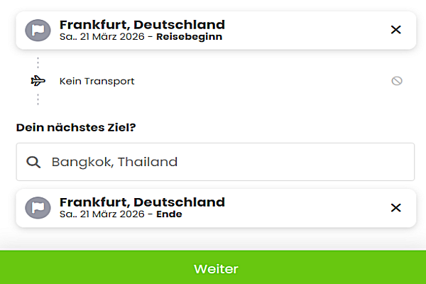 Auswahl von Abflughafen, Reisezielen und Aufenthaltsdauer im Buchungssystem einer Kombireise
