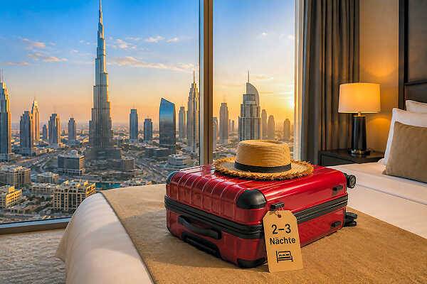Hotelzimmer mit Koffer und Blick auf Dubai als Symbol für einen zwei- bis dreitägigen Stopover.