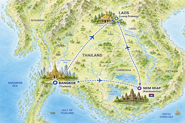 Route der Thailand, Laos & Kambodscha Kombireise von Bangkok über Siem Reap und Laos zurück nach Bangkok