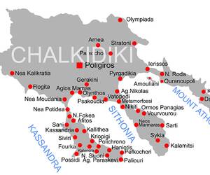 Landkarte von Chalkidiki mit den drei „Fingern“ Kassandra, Sithonia und Athos.