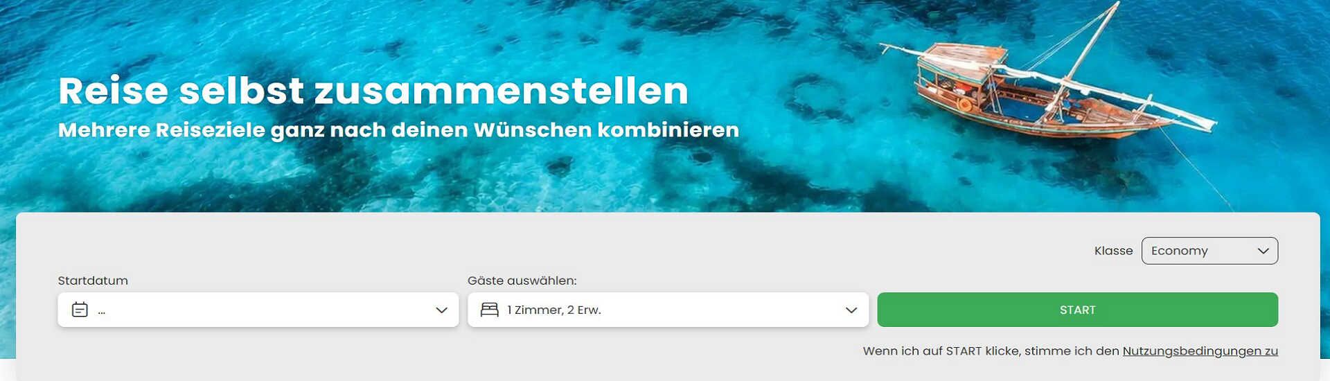 Startbereich des Kombireise-Buchungssystems mit Reisedatum, Gästeauswahl und Start-Button