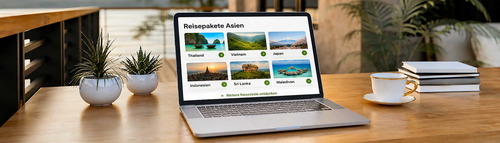 Laptop mit Länderübersicht für Reisepakete in Asien auf einer Terrasse mit Blick auf See und Berge.