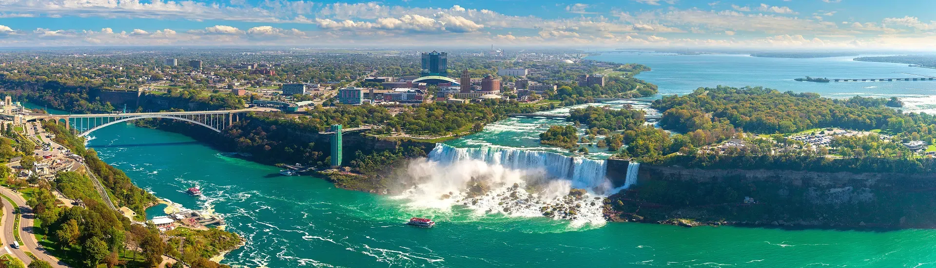 Panoramablick auf die Niagarafälle an der Grenze zwischen den USA und Kanada mit Stadtansicht im Hintergrund