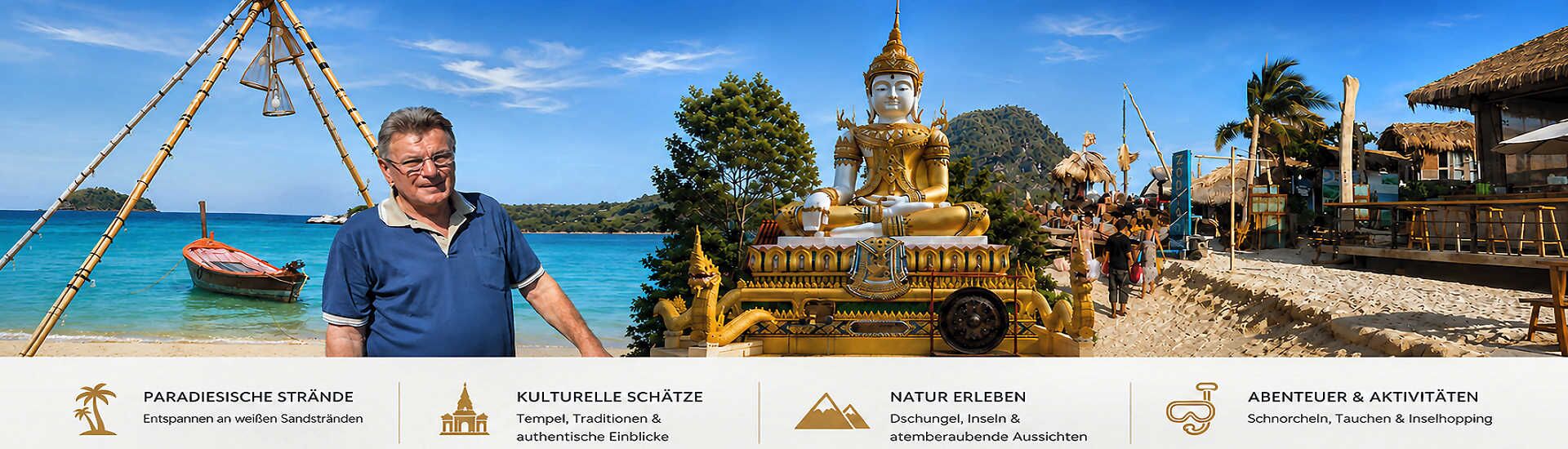 Asiago in Thailand mit tropischem Strand, Buddha-Statue und traditionellem Longtail-Boot