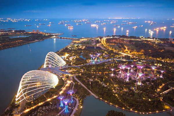 Gardens by the Bay mit Supertrees und Skyline von Singapur bei Nacht während einer Asien-Rundreise