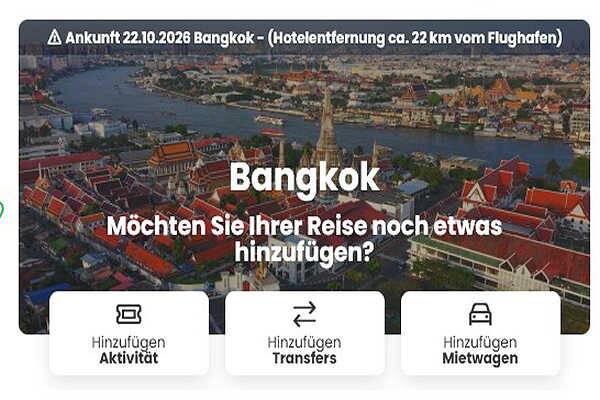 Reiseübersicht mit Flügen, Hotels und Transfers einer Kombireise prüfen
