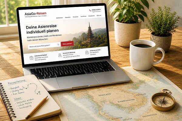 Arbeitsplatz zum Planen einer Asien Reise mit Laptop, Asienkarte, Kompass, Notizbuch und Kaffeetasse.