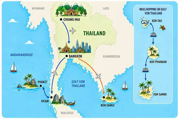 Thailand Kombireisen mit Bangkok, Chiang Mai, Phuket, Krabi, Koh Samui, Koh Phangan und Koh Tao