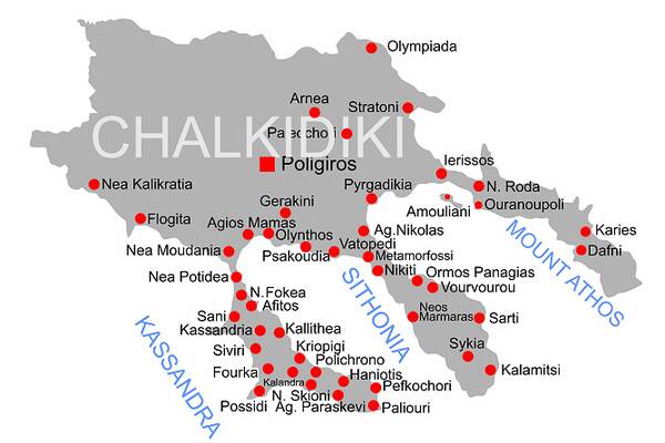 Landkarte von Chalkidiki mit den drei „Fingern“ Kassandra, Sithonia und Athos.