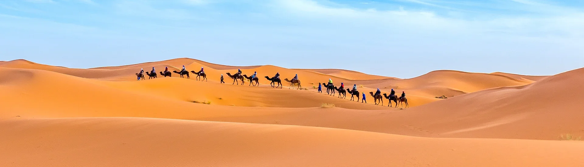 Kamelkarawane in der Wüste bei Dubai unter blauem Himmel