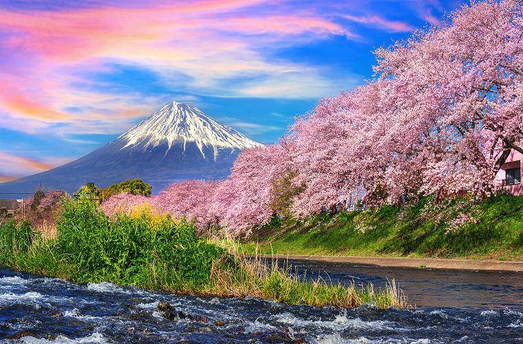 Rundreise mit Blick auf Berge, Fluss und blühende Bäume in einer abwechslungsreichen Landschaft