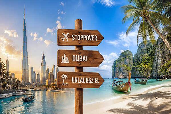 Wegweiser mit Stopover in Dubai und Urlaubsziel als Symbol für einen Zwischenstopp auf dem Weg zur Fernreise.