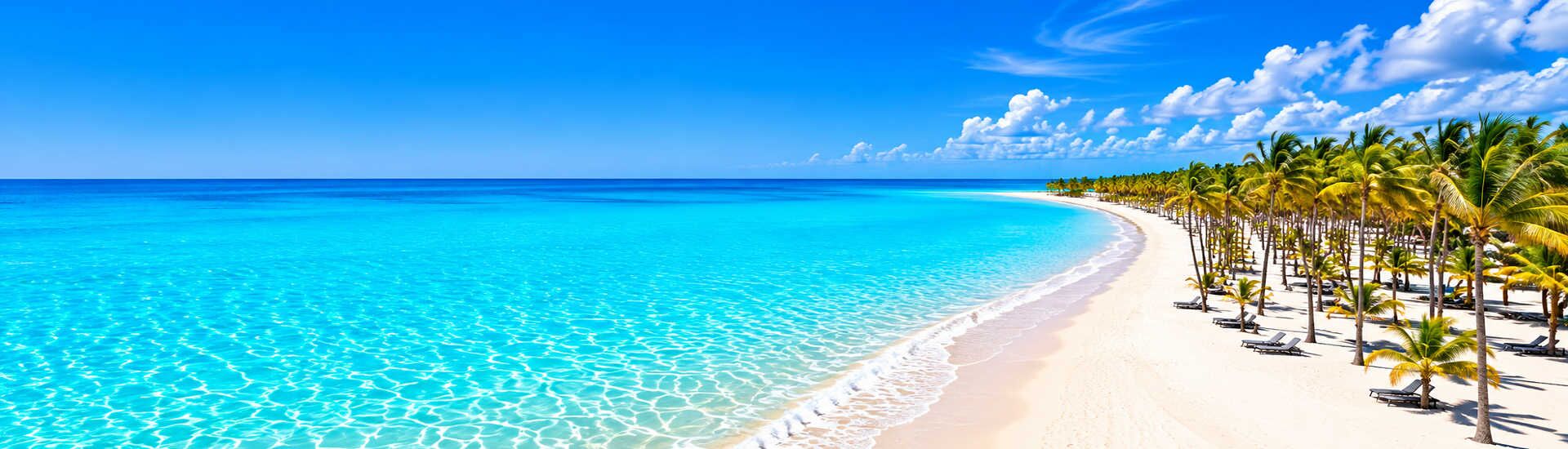 Traumhafter Karibik Strand mit türkisblauem Meer, weißem Sand und Palmen