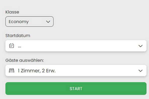 Startbereich der Kombireise Buchung mit Auswahl von Reisedatum, Reisenden und Zimmerart