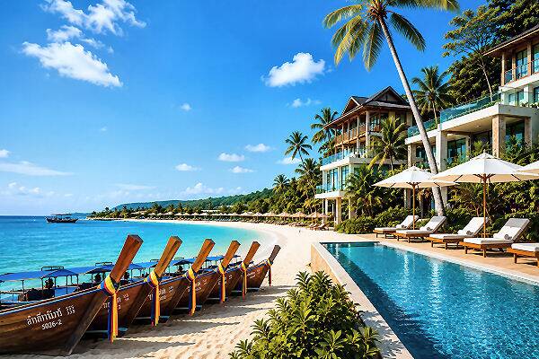 Strandresort in Thailand mit Infinity-Pool, Longtail-Booten, Palmenstrand und türkisblauem Meer an einer tropischen Insel.