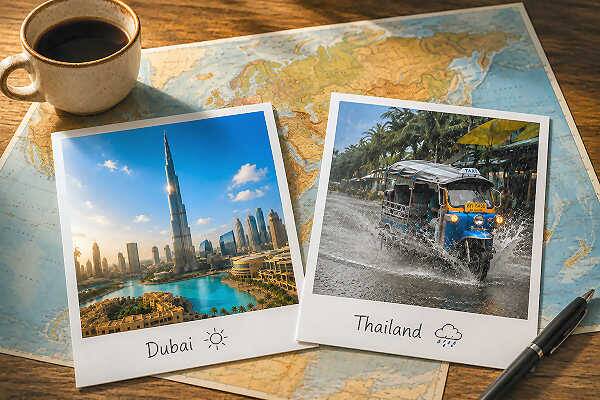 Vergleich zwischen sonnigem Dubai und regnerischem Thailand zur Auswahl der passenden Reisezeit einer Kombireise.