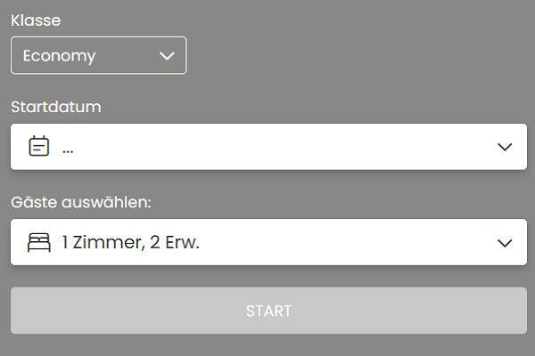 Startbereich der Kombireise Buchung mit Auswahl von Reisedatum, Reisenden und Zimmerart
