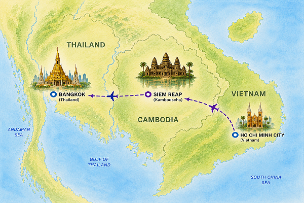 Karte einer Kombireise von Vietnam über Siem Reap in Kambodscha nach Thailand