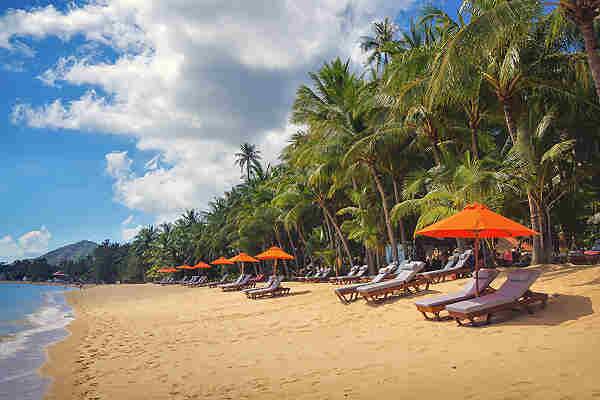 Ao Nang Beach in Krabi mit Palmen, Liegen und Sandstrand in Thailand