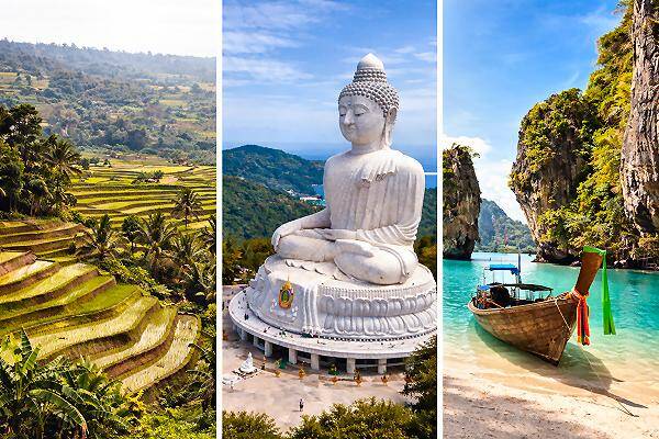 Reisterrassen, buddhistischer Tempel und tropischer Strand als typische Reiseerlebnisse in Asien