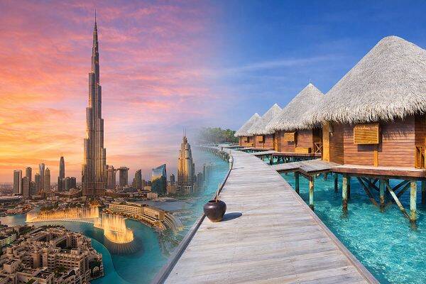Dubai Skyline mit Burj Khalifa und Wasserbungalows auf den Malediven – beliebte Kombireise aus Stadturlaub und Badeurlaub