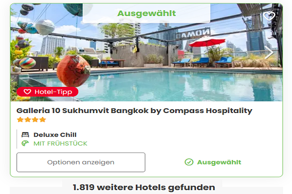 Hotelauswahl im Buchungssystem einer Kombireise mit Hotelvorschlägen und Suchfunktion