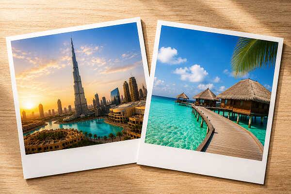 Dubai und tropisches Urlaubsziel als Beispiel für beliebte Kombireisen mit den Emiraten.