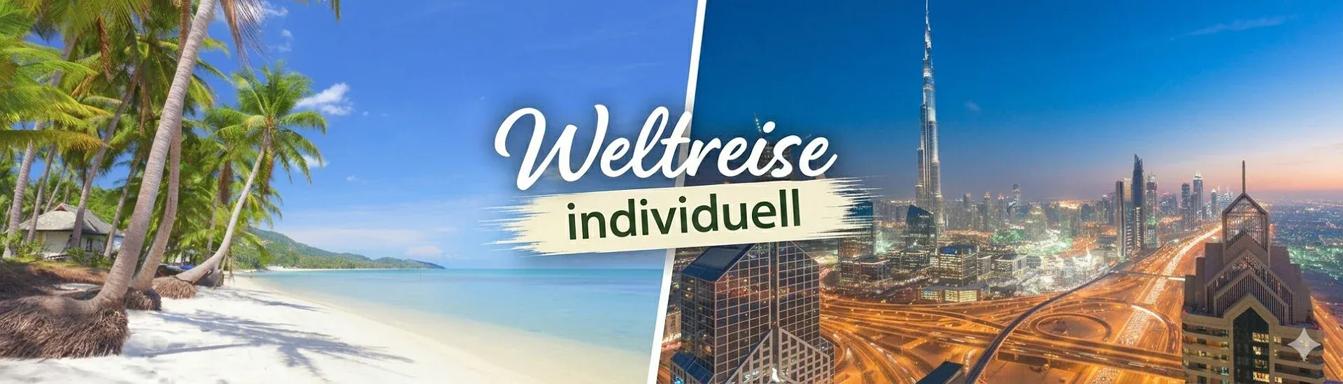 Banner zur individuellen Urlaubs- und Weltreiseplanung mit Strand- und Stadtmotiven.