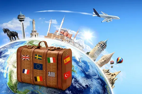 Kombireisen Dubai & Malediven buchen – Luxus & Strand kombinieren mit AsiaGo Reisekoffer mit Länderflaggen vor Weltkarte und Flugzeug – Symbol für Kombireisen Dubai und Malediven – AsiaGo