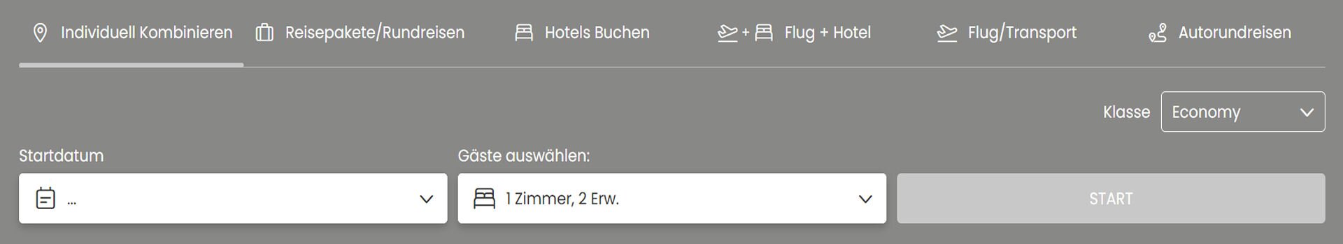 Startbereich des Kombireise Buchungssystems mit Reisedatum, Gästeauswahl und Start Button