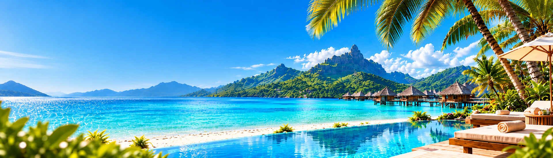 Tropische Lagune mit Palmen, Overwater-Bungalows und grüner Inselkulisse