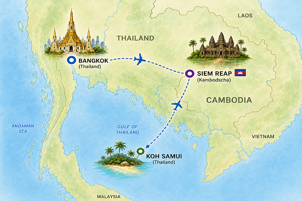 Route der Thailand & Kambodscha Kombireise von Bangkok über Siem Reap nach Koh Samui