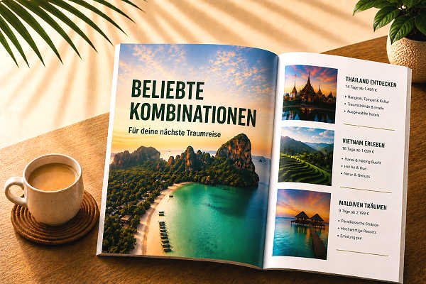 Geöffnetes Reisemagazin mit beliebten Kombinationen als Inspiration für individuelle Reisen