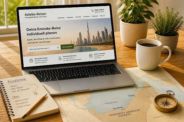 Laptop mit Reiseplaner für eine individuell zusammengestellte Emirate Reise.