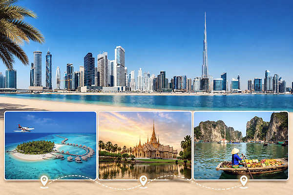 Emirate Reisepakete mit Dubai sowie Reiseideen für die Malediven, Thailand und Vietnam.