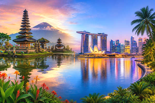 Balinesischer Tempel und Skyline von Singapur als Kombireise