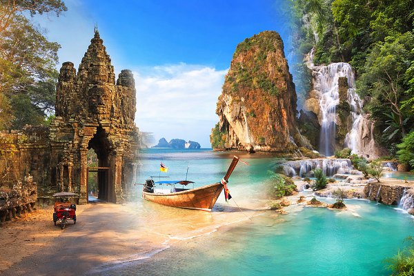 Strand und Tempelanlage in Thailand und Kambodscha als kombinierte Reiseziele einer Kombireise