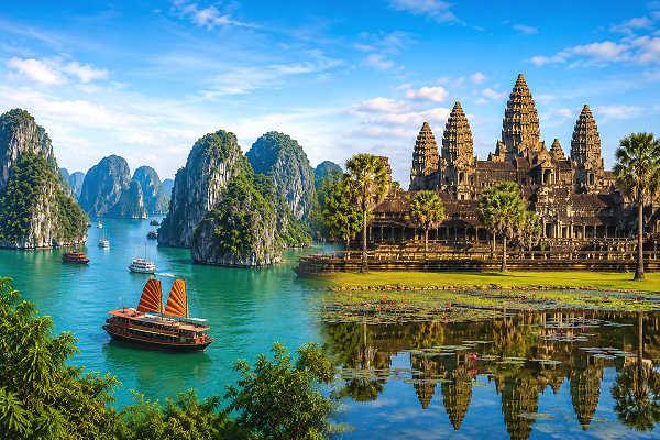 Halong-Bucht in Vietnam und Tempelanlage von Angkor in Kambodscha als Kombireise