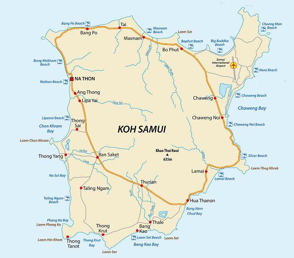 Karte von Koh Samui mit Stränden wie Chaweng, Lamai und Bophut