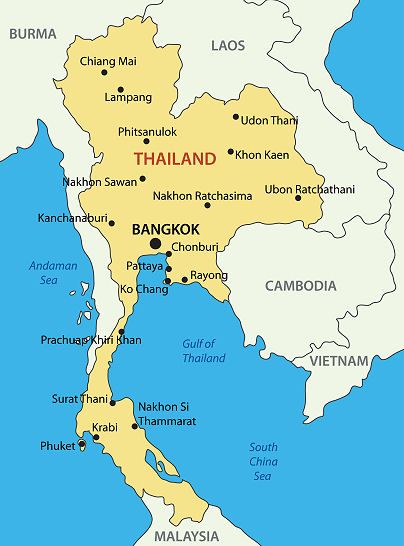 Karte von Thailand mit Andamanensee, Golf von Thailand und wichtigen Regionen zur Einordnung der besten Reisezeit