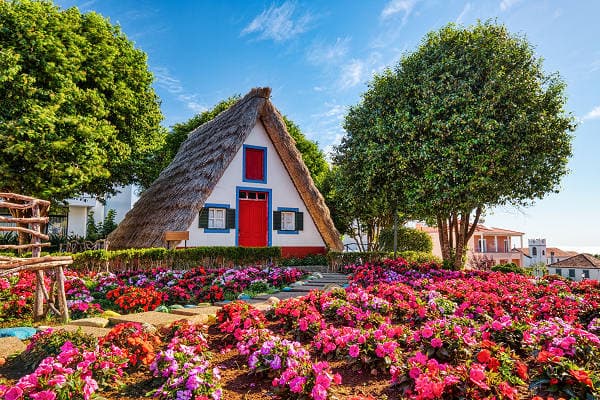 Traditionelles Strohdachhaus in Santana, Madeira – Historische Architektur umgeben von blühenden Gärten