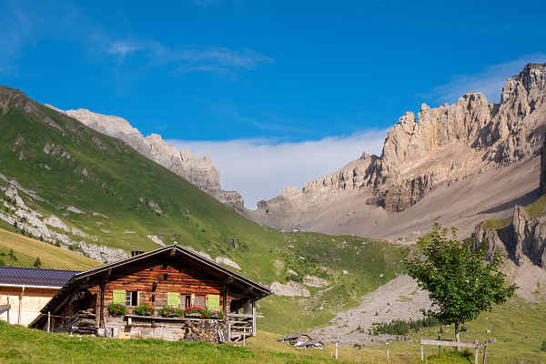 Malerische Berghütte in den Schweizer Alpen, umgeben von majestätischen Bergen und üppiger grüner Landschaft, ideal für einen erholsamen Urlaub.